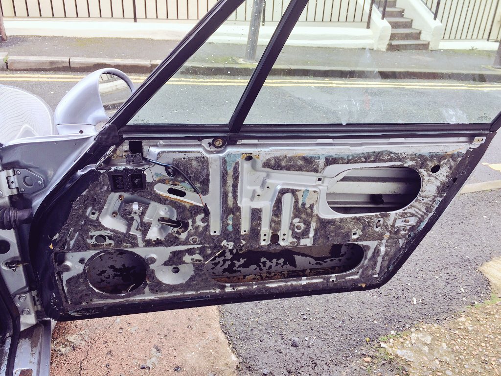 Ready for another day when I shall having POR15 the inside of the Door base/gutter, place some minimal sound proofing [one sheet] to mitigate vibrations, remove the Glue, and double-sided-tap a Polythene Sheet down.